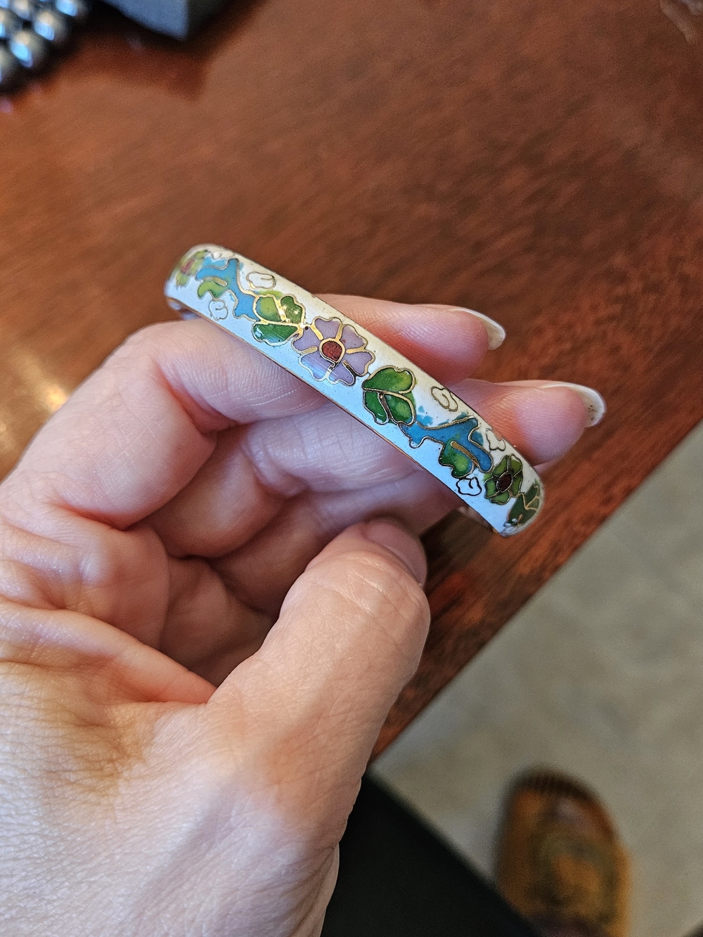 Vintage Hand-Painted Floral Cloisonné Bracelet - Turquoise, Green & Purple